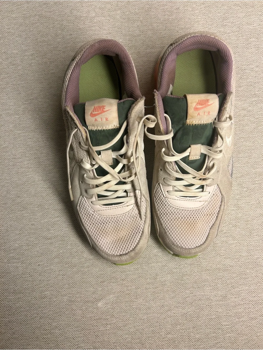 Nike Beige and Green Lace-Up Sneakers with Pink Lining